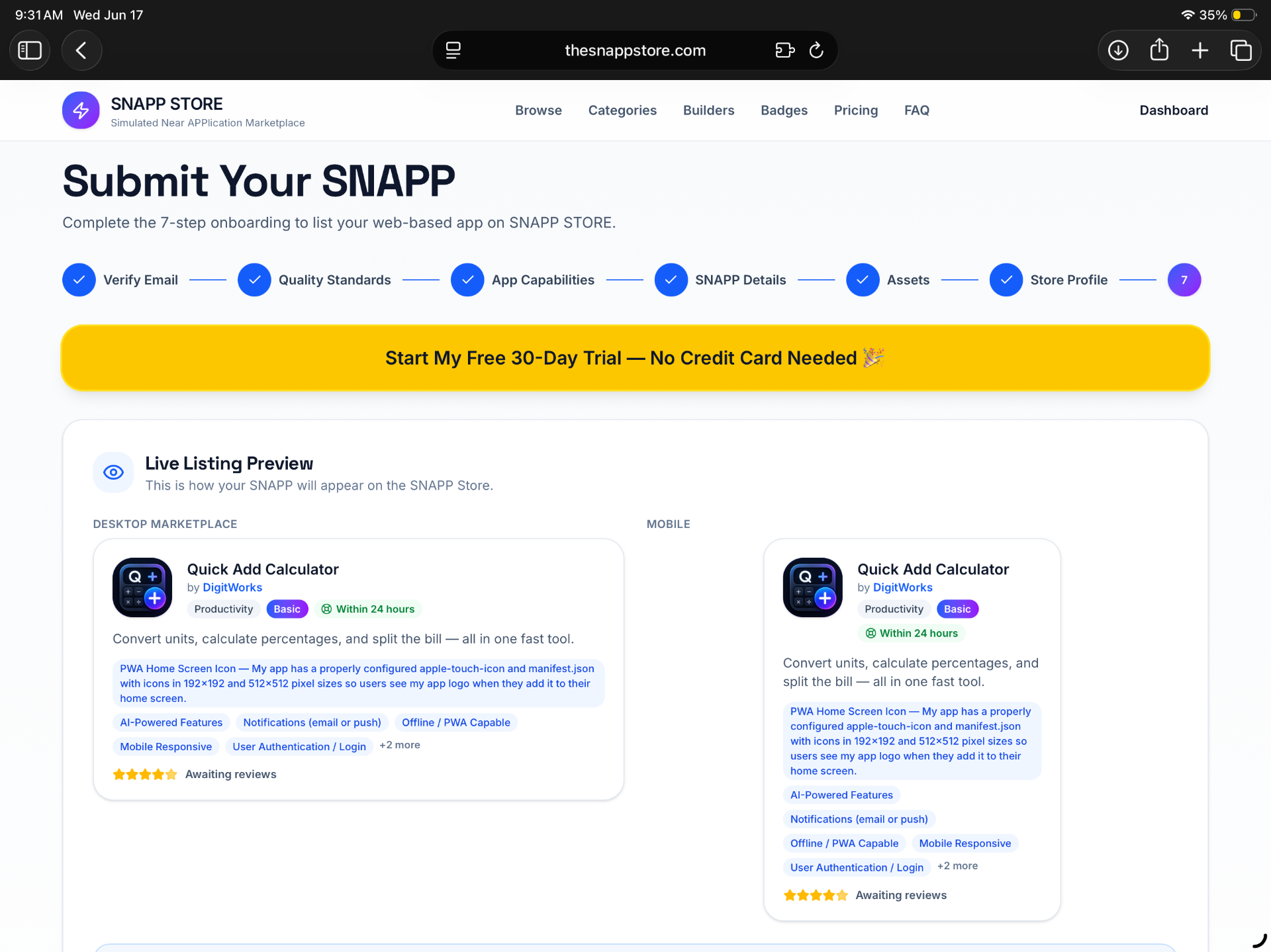 SNAPP Store Live Listing Preview step