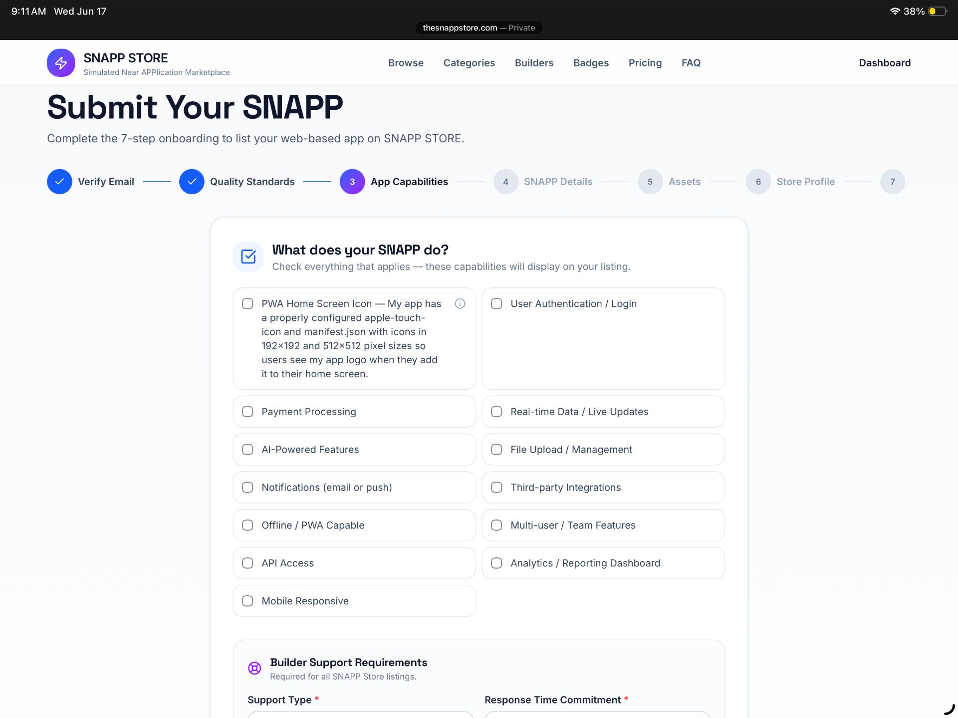 SNAPP Store App Capabilities step