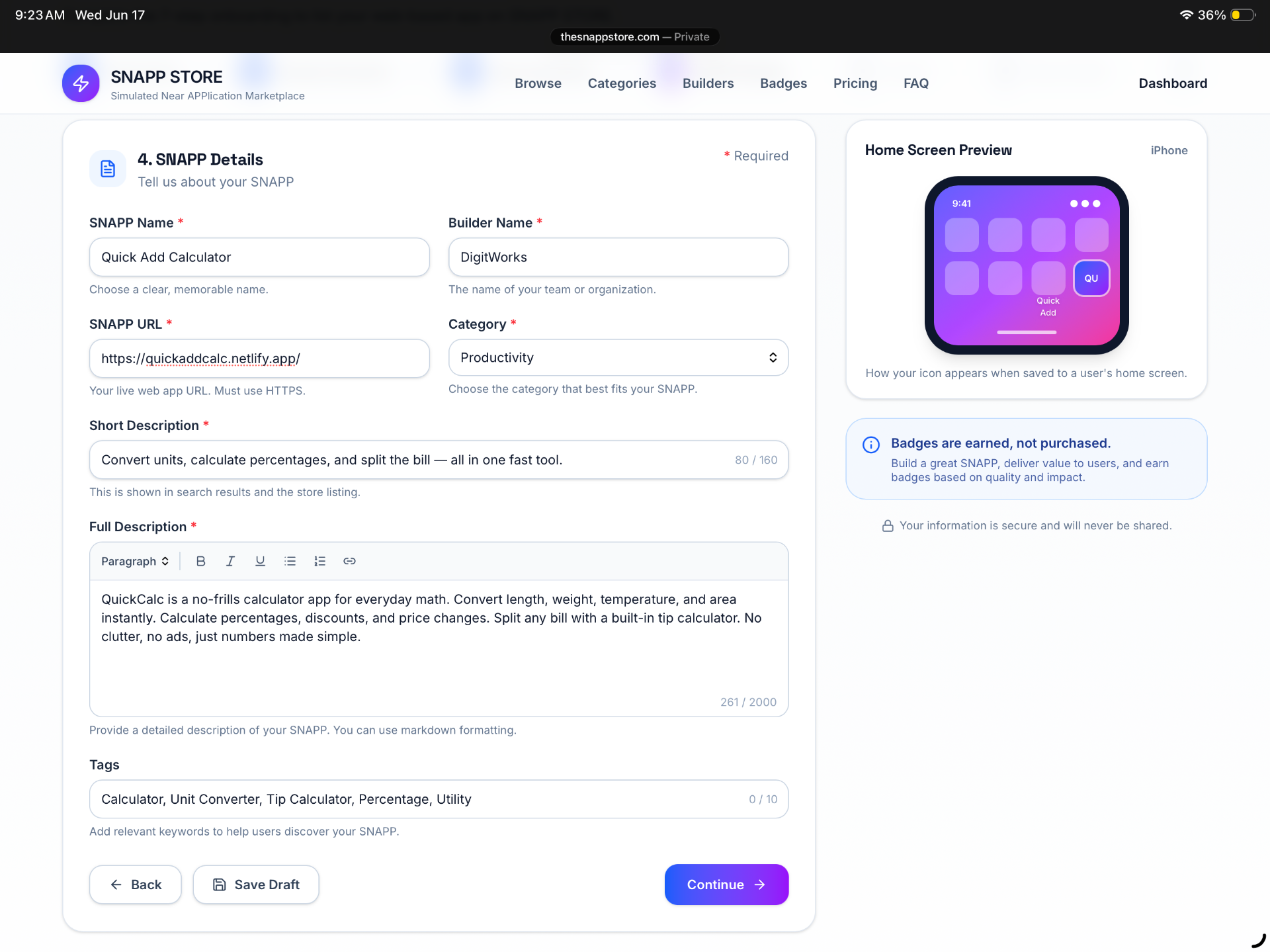SNAPP Store SNAPP Details step